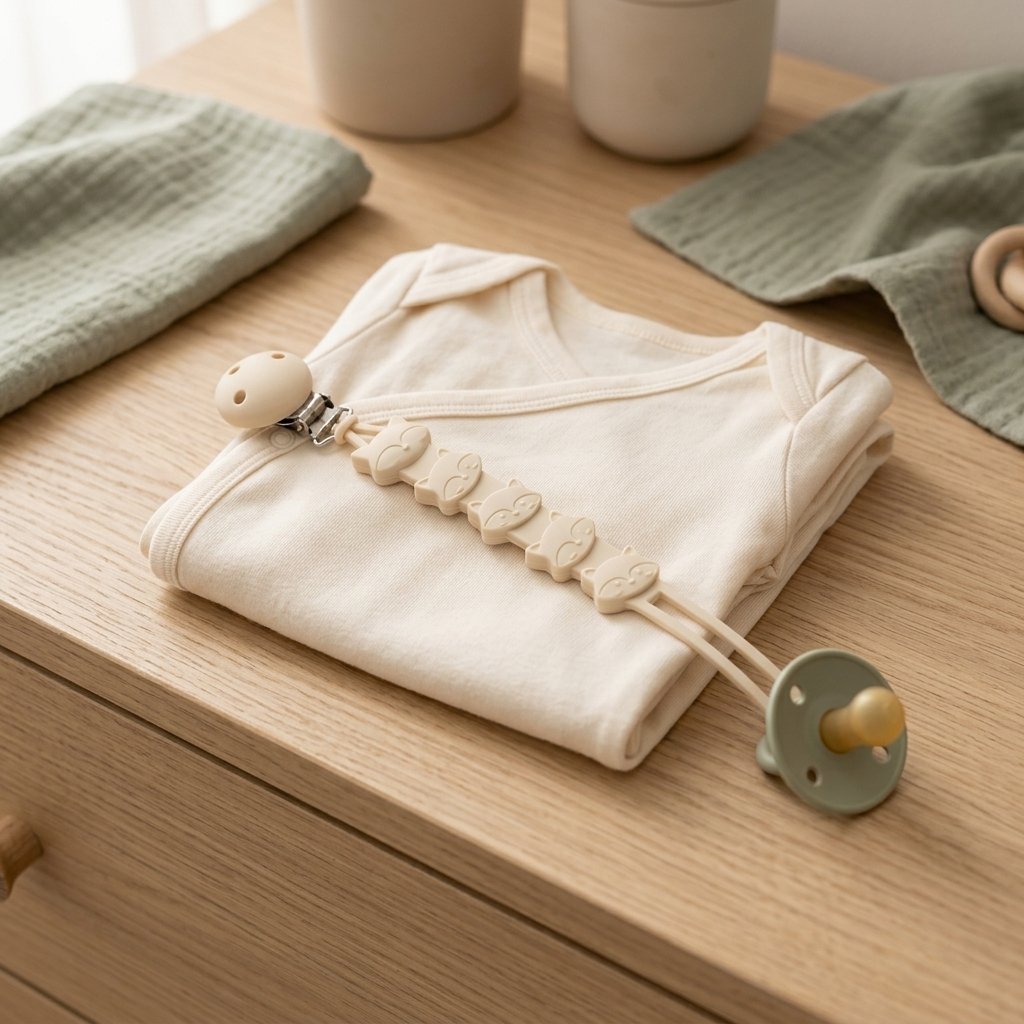 Attache tétine renard en silicone clipsée sur un body Image