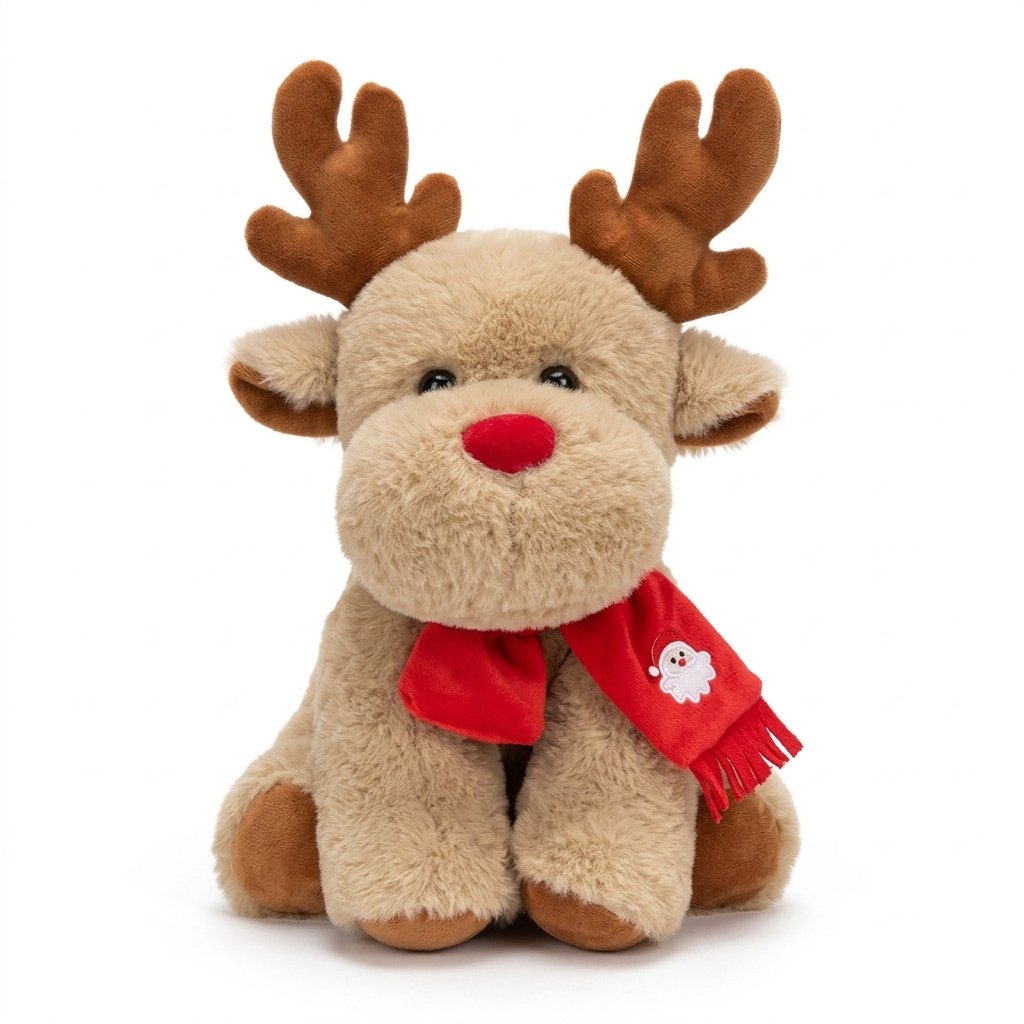 Peluche renne RUBIS à écharpe rouge, vue de face