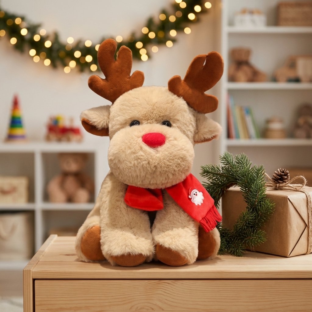 Peluche renne sur une commode à côté d'une couronne de sapin