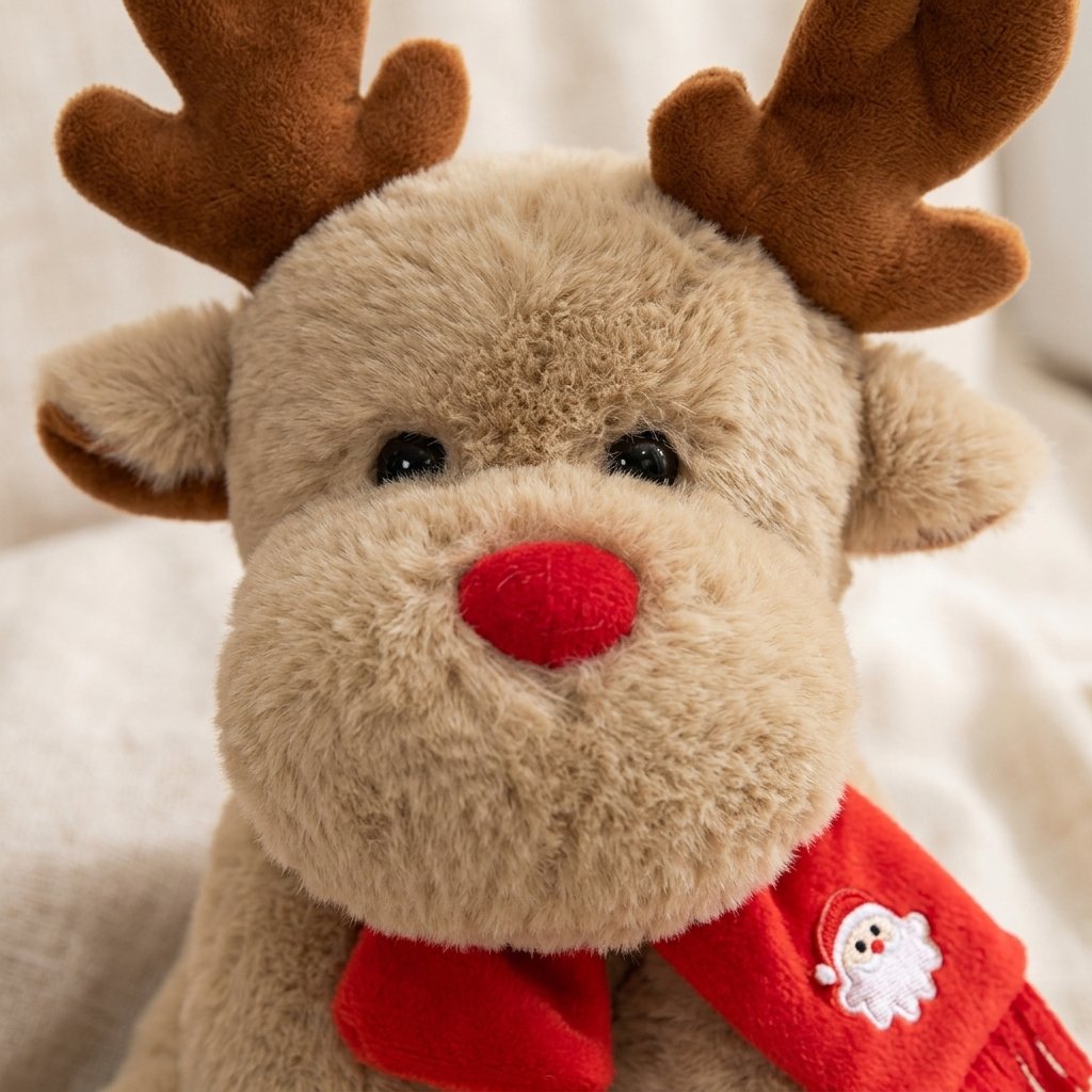 Détail du nez rouge et des bois de la peluche renne