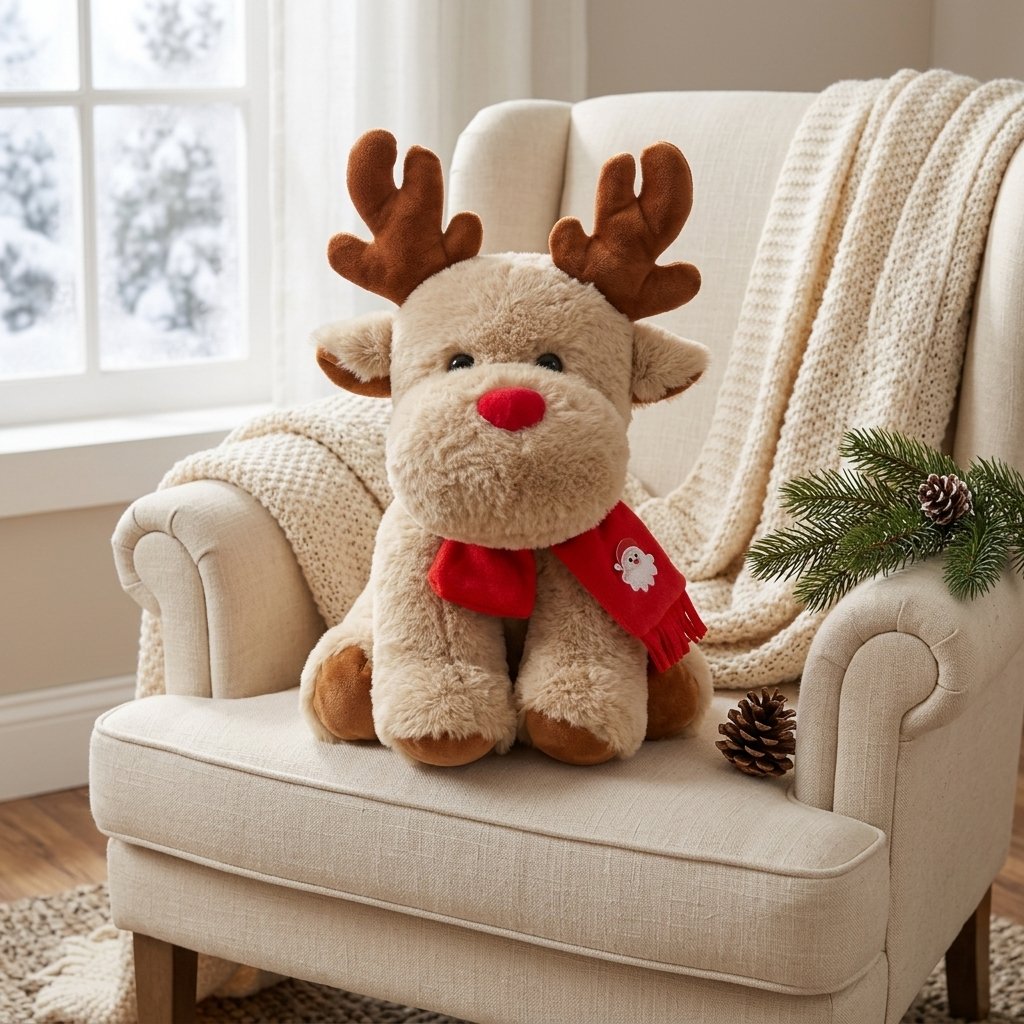 Peluche renne posée dans un fauteuil en lin avec un plaid