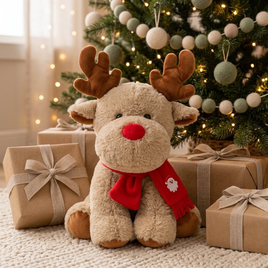 Peluche renne au pied d'un sapin de Noël avec des paquets kraft