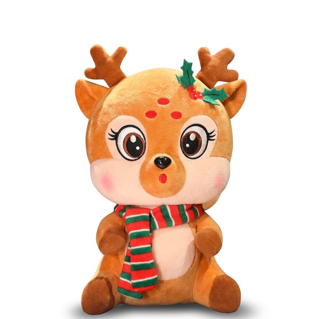 Peluche petit renne PRALINE à écharpe rayée, vue de face