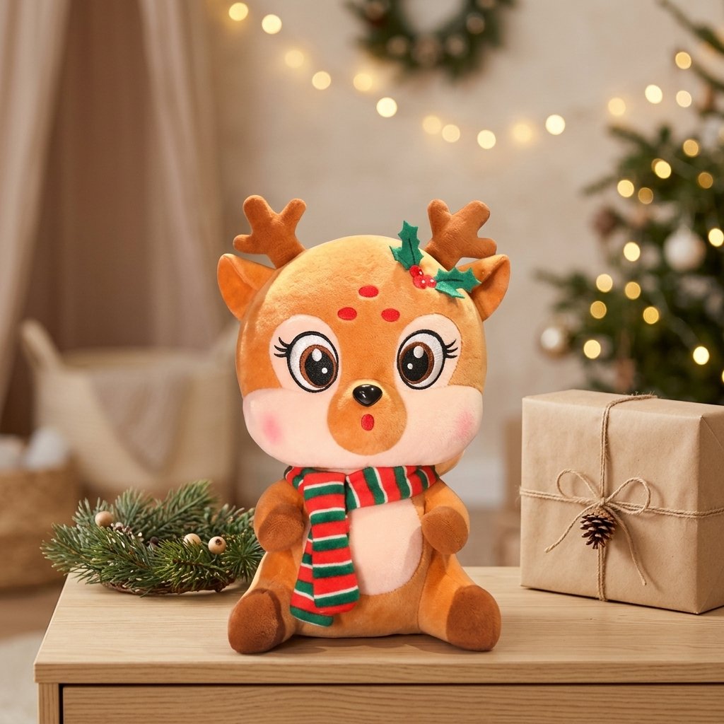 Peluche petit renne sur une commode avec un paquet cadeau