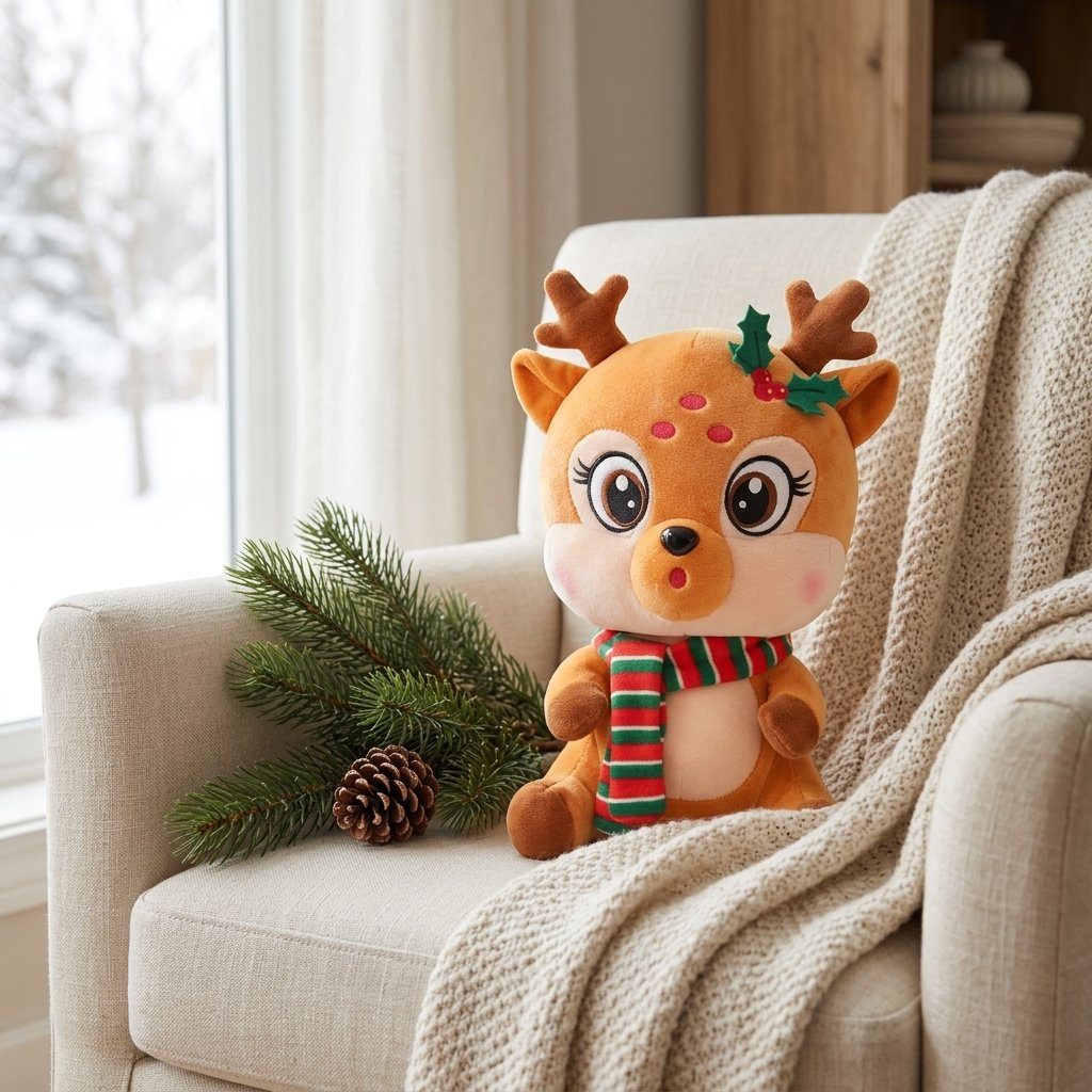 Peluche petit renne dans un fauteuil avec un plaid
