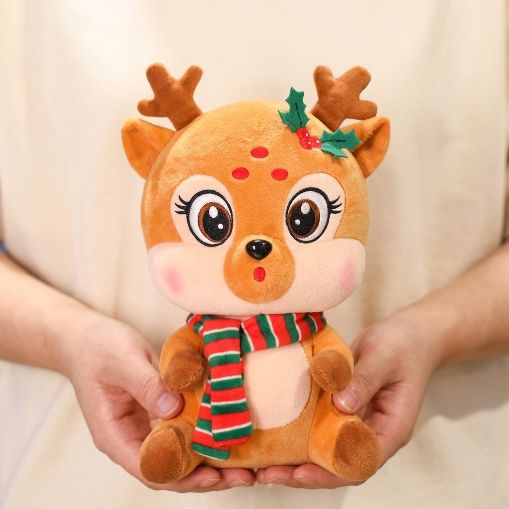Peluche petit renne PRALINE tenue dans les mains