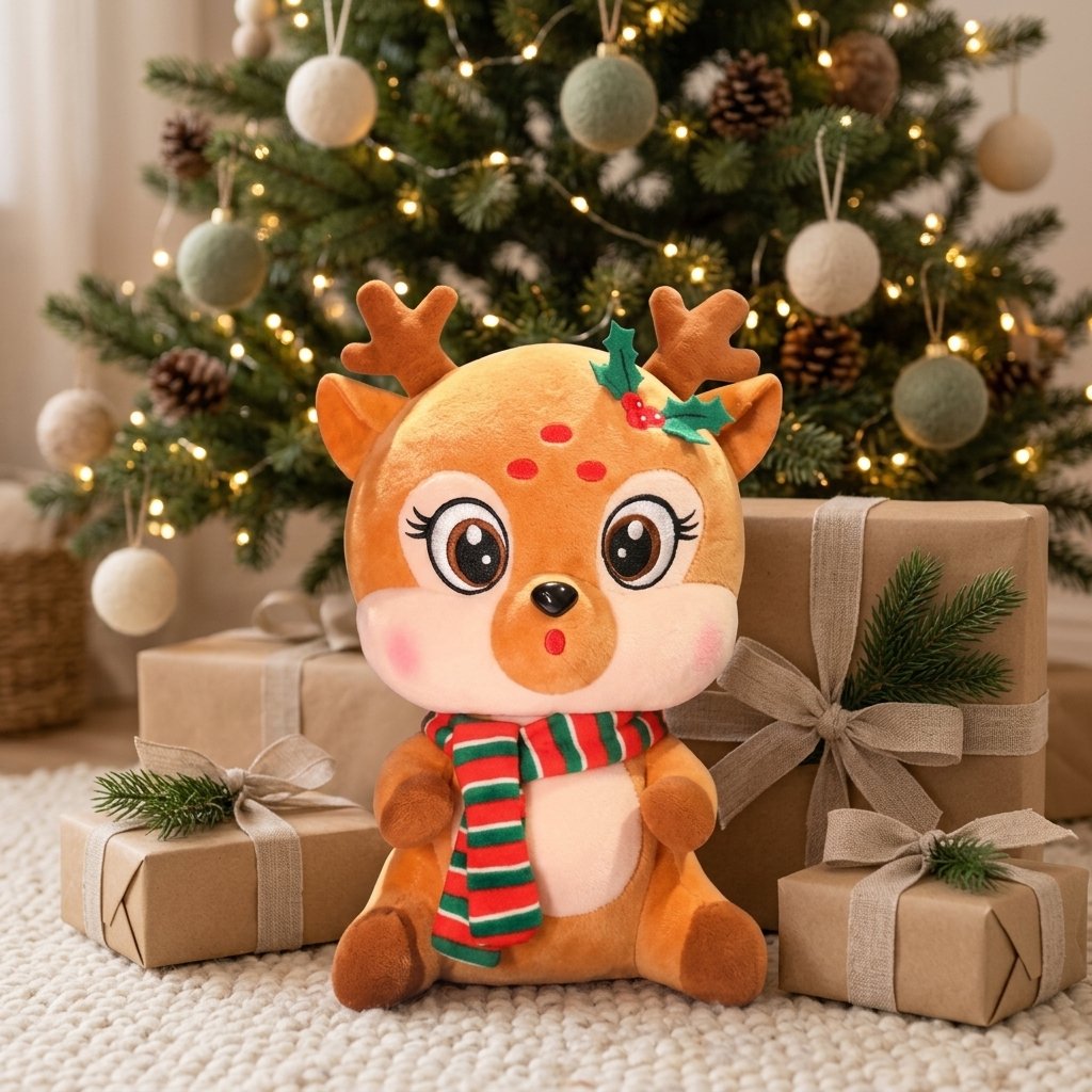 Peluche petit renne au pied d'un sapin de Noël