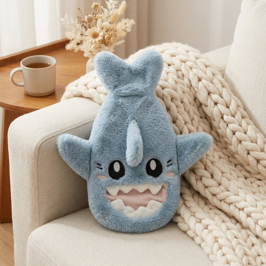 Bouillotte requin bleu sur un canapé avec un plaid