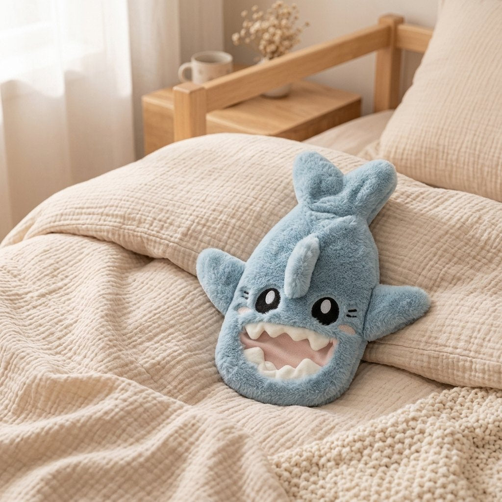 Bouillotte requin bleu sur la couette d’un lit d’enfant