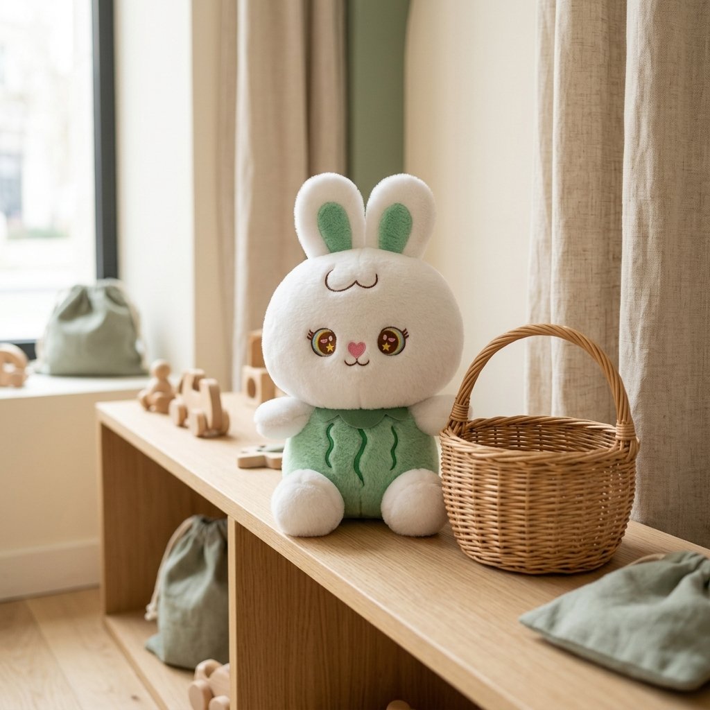 Peluche lapin pastèque sur une étagère