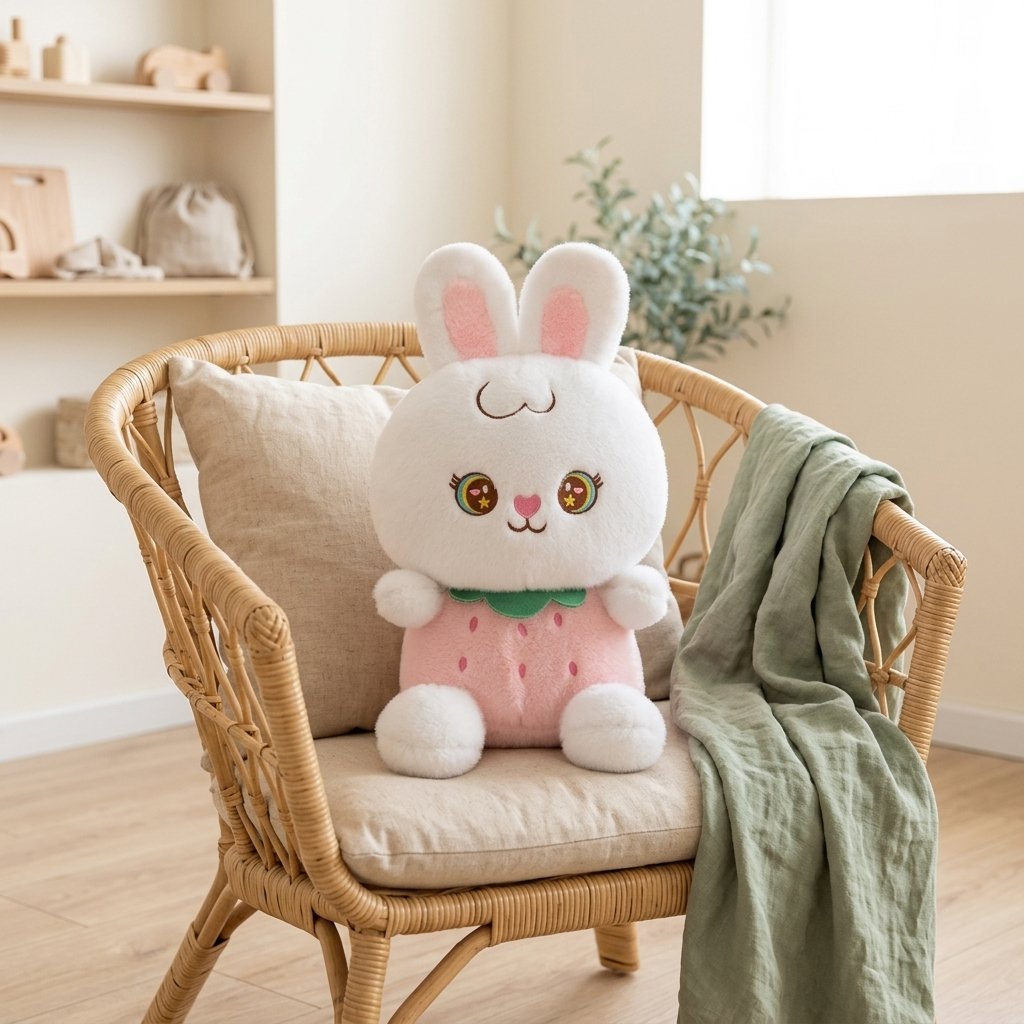 Peluche lapin fraise dans un fauteuil en rotin