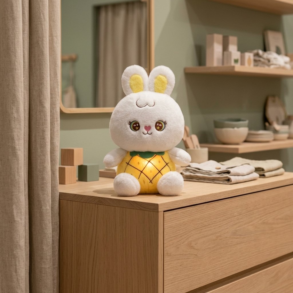 Peluche lapin ananas au ventre lumineux dans la pénombre