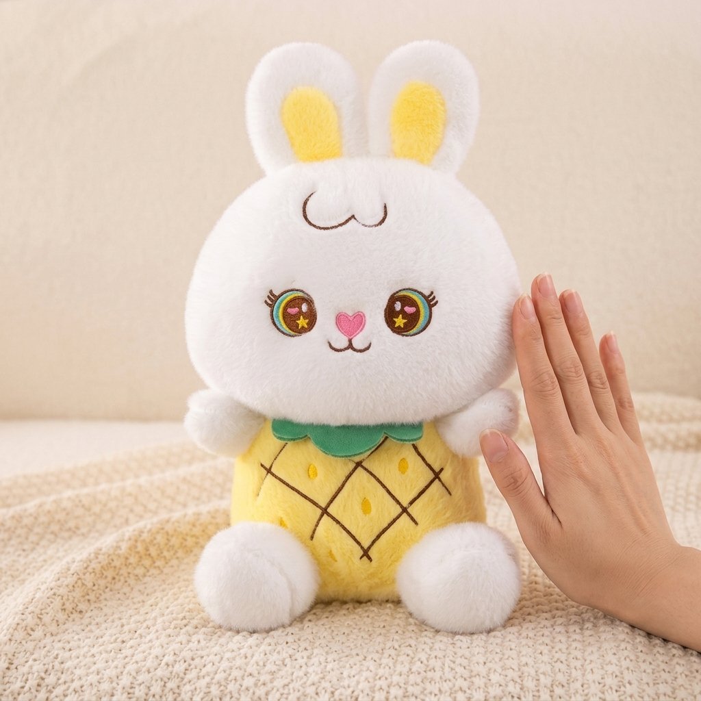 Peluche lapin ananas à côté d'une main, pour l'échelle Image