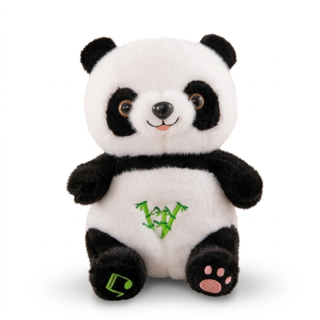 Peluche panda qui respire, assise, ventre brodé d'un bambou