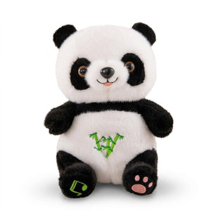 Peluche panda qui respire, assise, ventre brodé d'un bambou