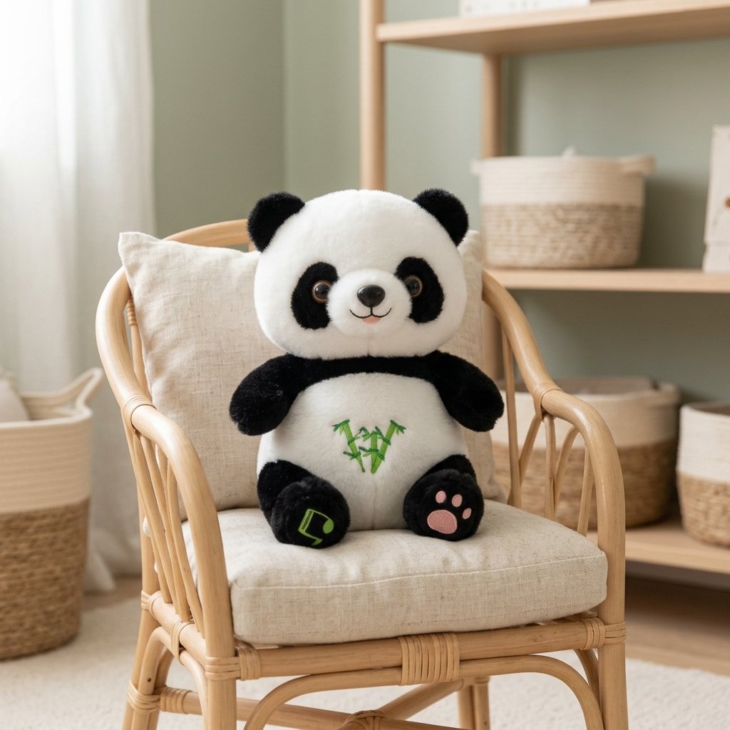 Peluche panda dans un fauteuil en rotin