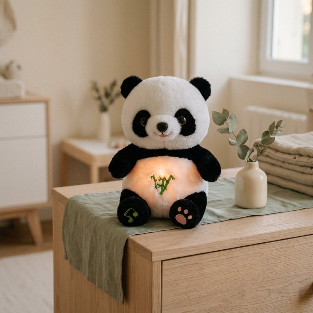 Peluche panda au ventre lumineux dans la pénombre Image