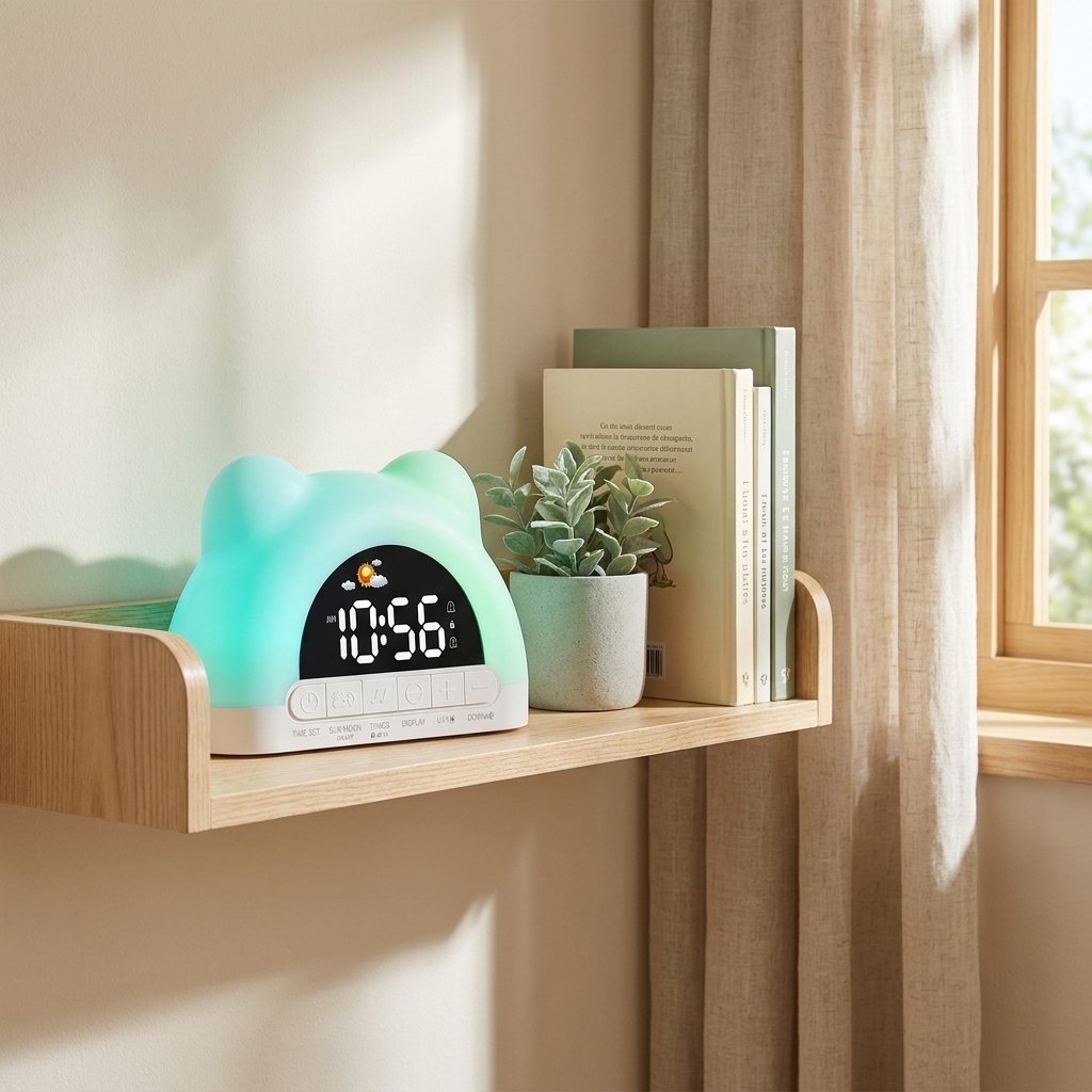 Réveil oreilles d'ourson sur une étagère de chambre d'enfant