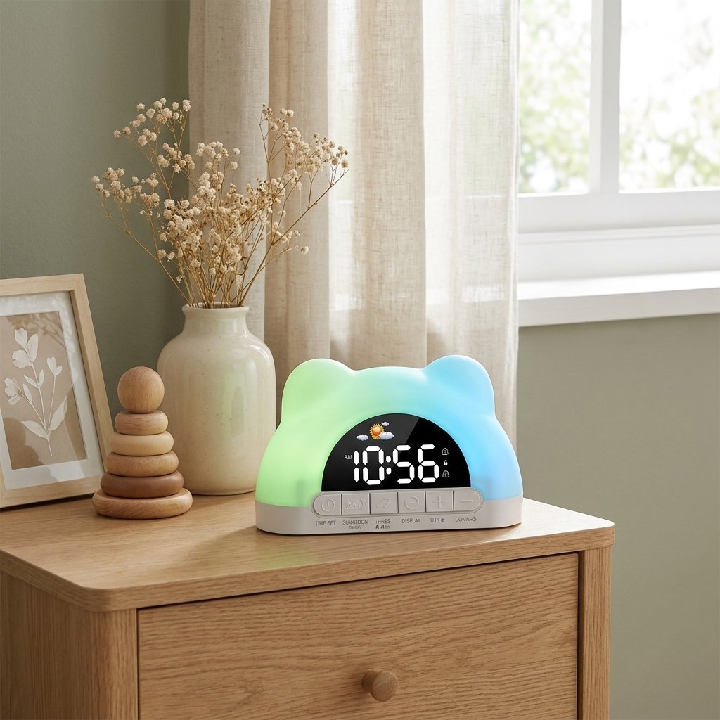 Réveil oreilles d'ourson allumé en vert sur une table de nuit Image
