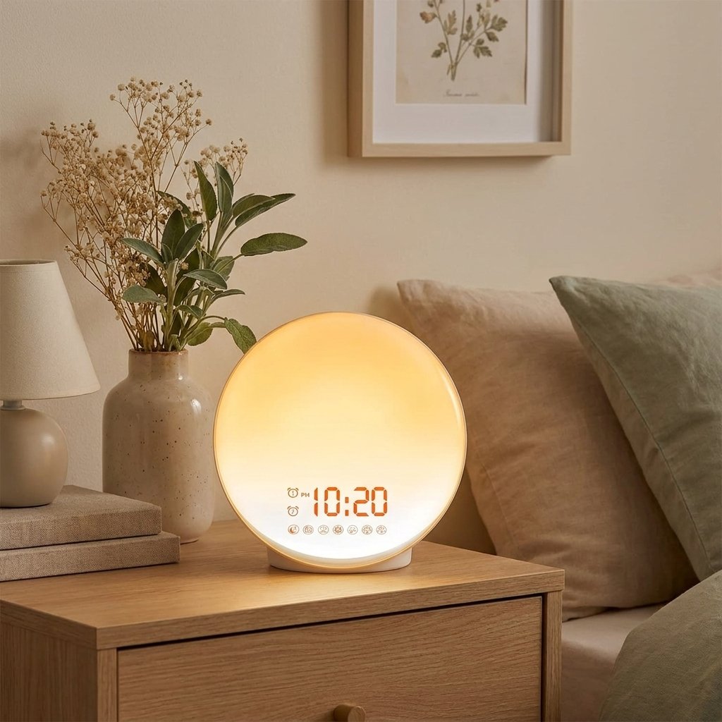 Réveil simulateur d'aube rond en lampe de chevet le soir