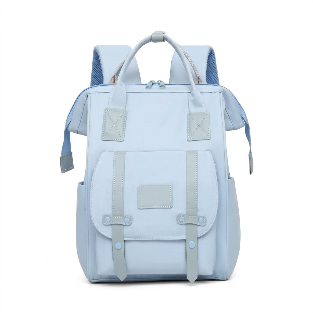 Sac à dos à langer bleu ciel à poche avant à rabat