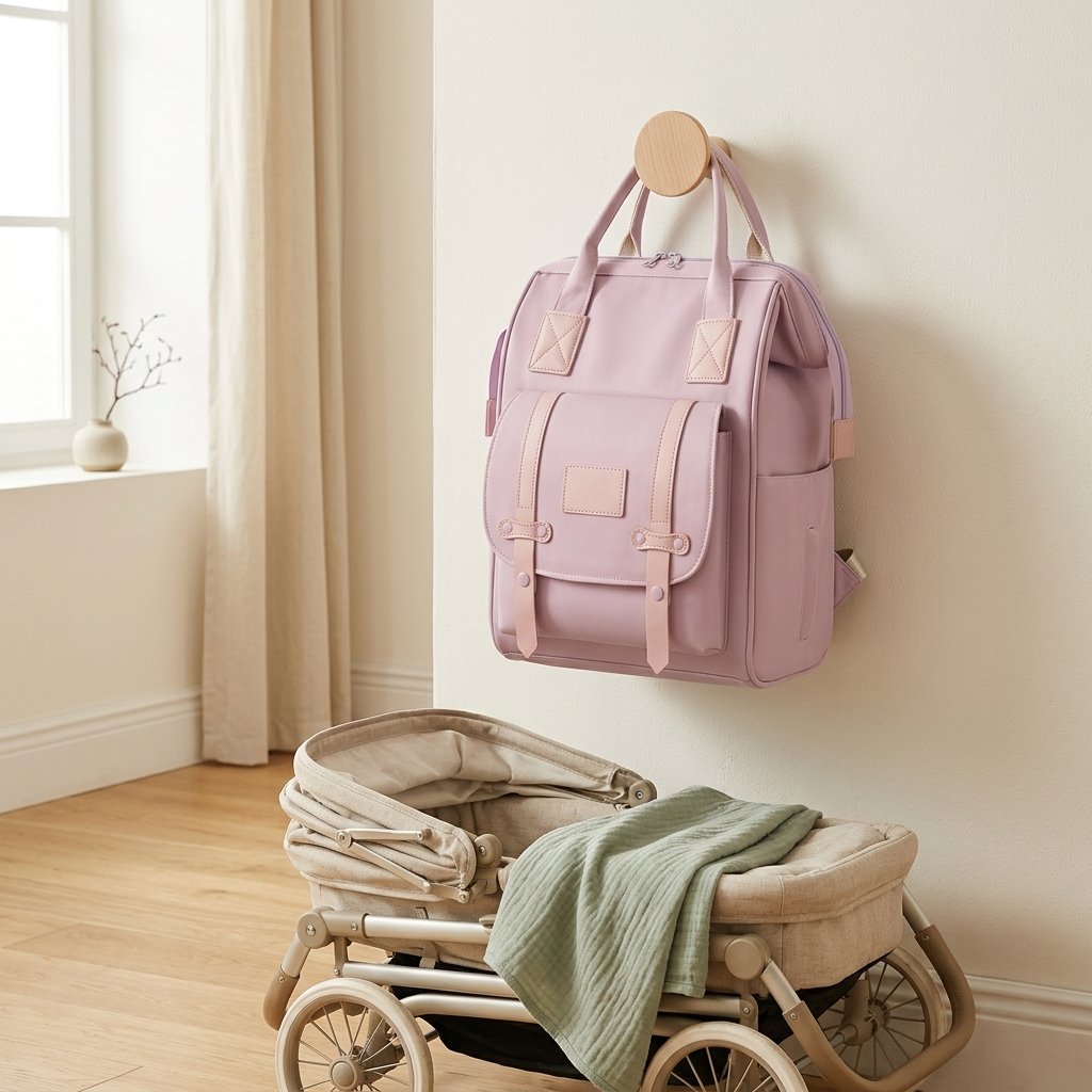 Sac à dos à langer lilas suspendu dans une entrée