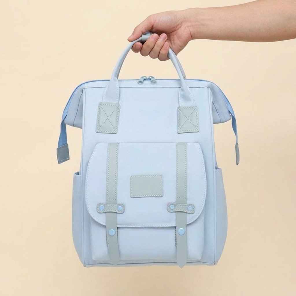 Main portant le sac à dos à langer bleu par ses poignées