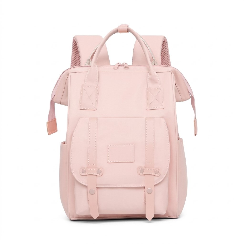 Sac à dos à langer rose à poche avant à rabat