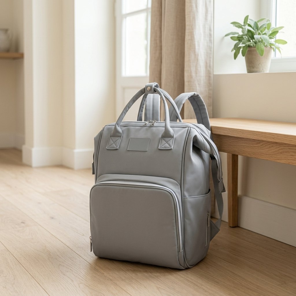 Sac à dos à langer gris posé dans une entrée