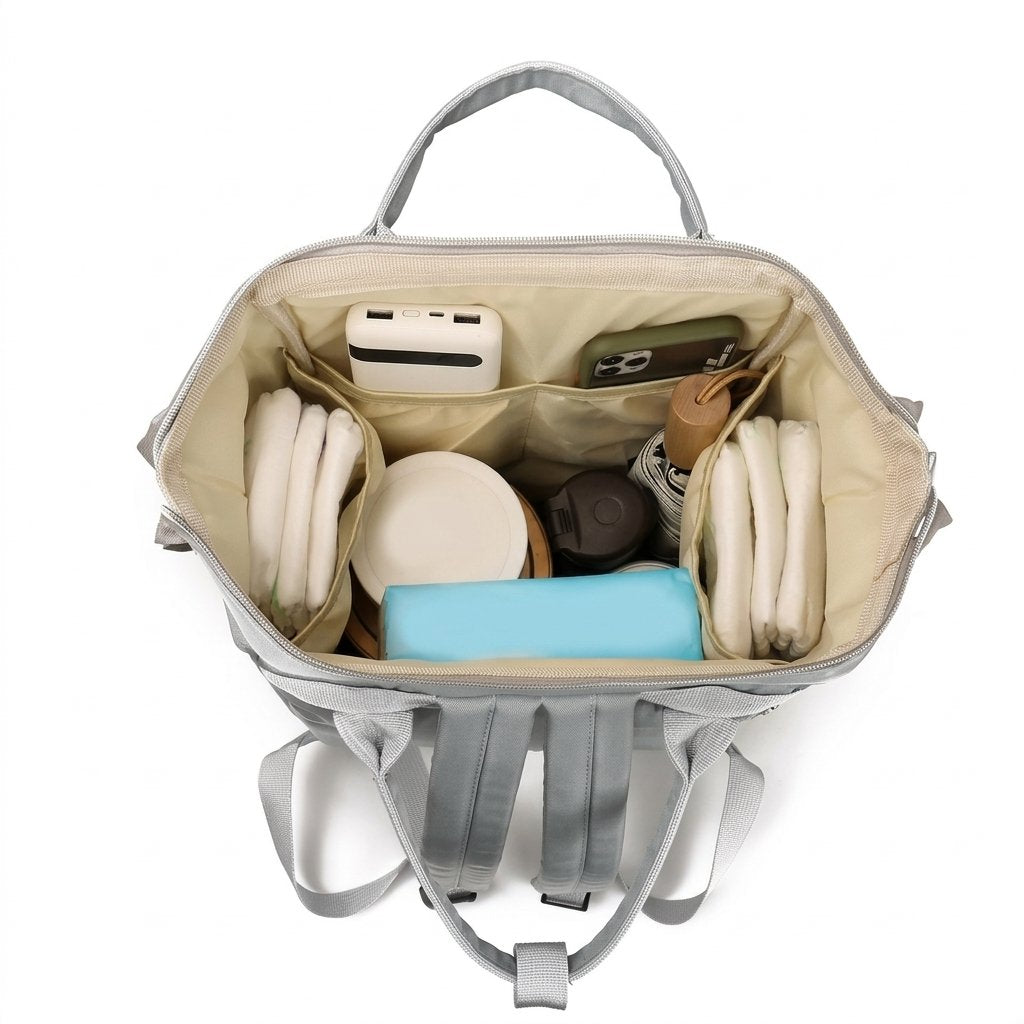 Intérieur du sac à langer grand ouvert avec ses pochettes
