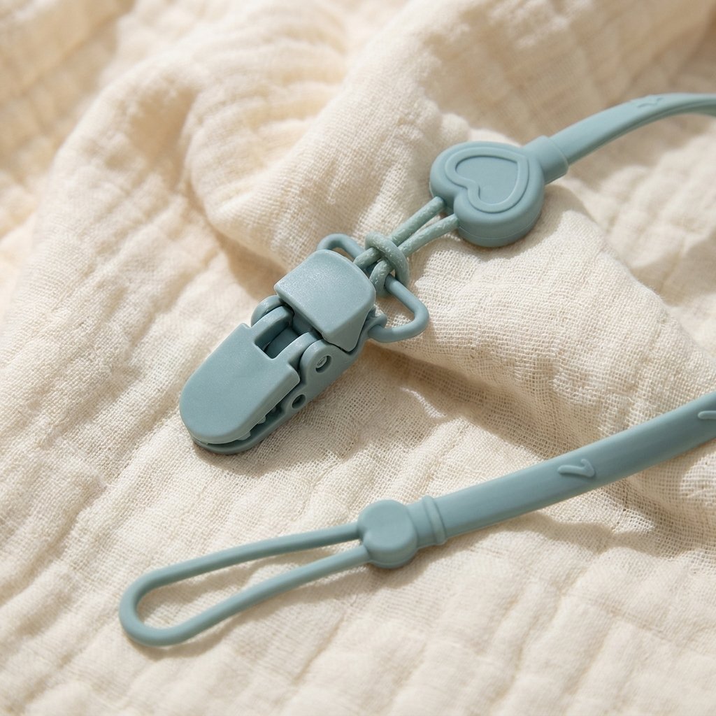 Détail de la pince et du curseur en cœur de l'attache silicone