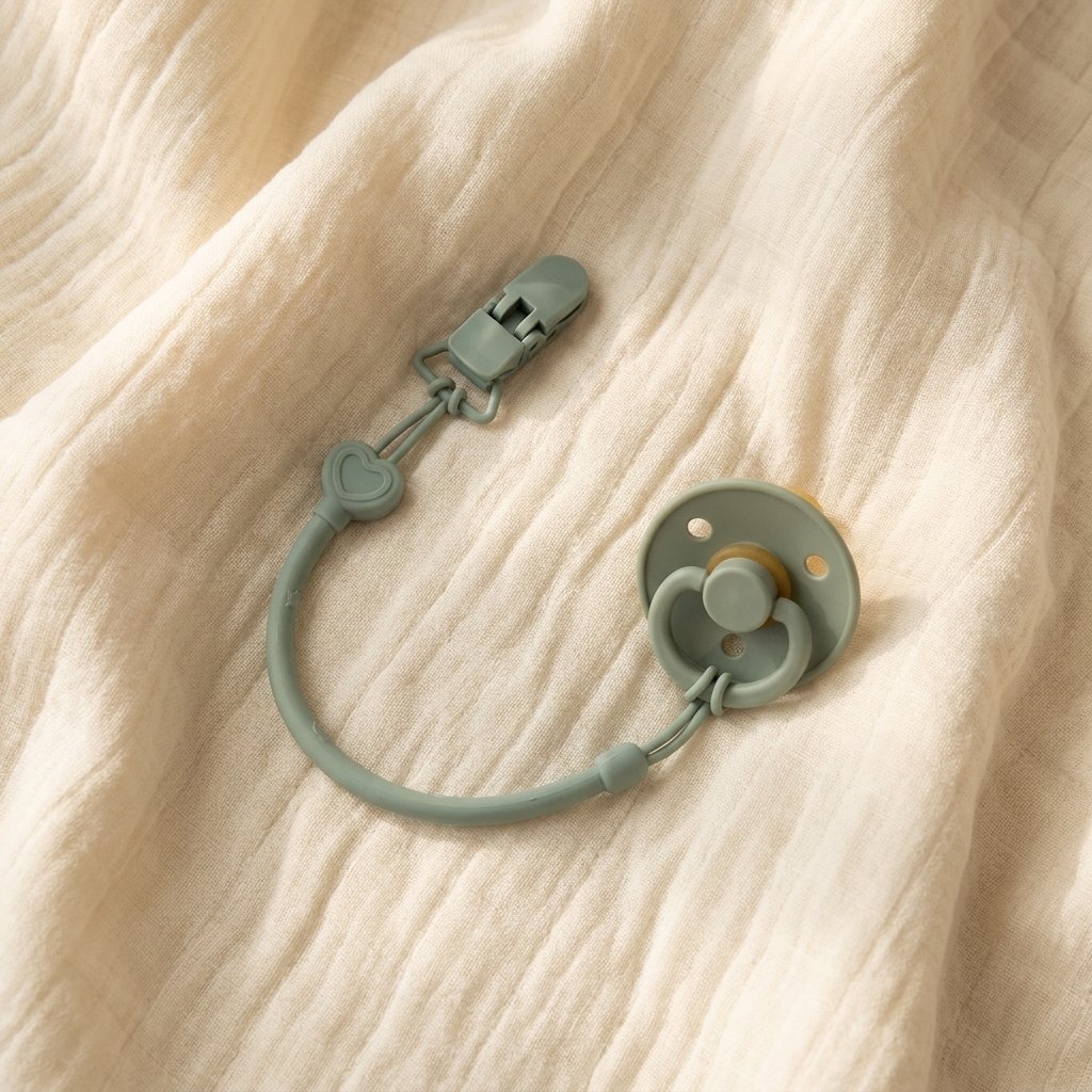 Attache silicone reliée à une tétine sur un lange