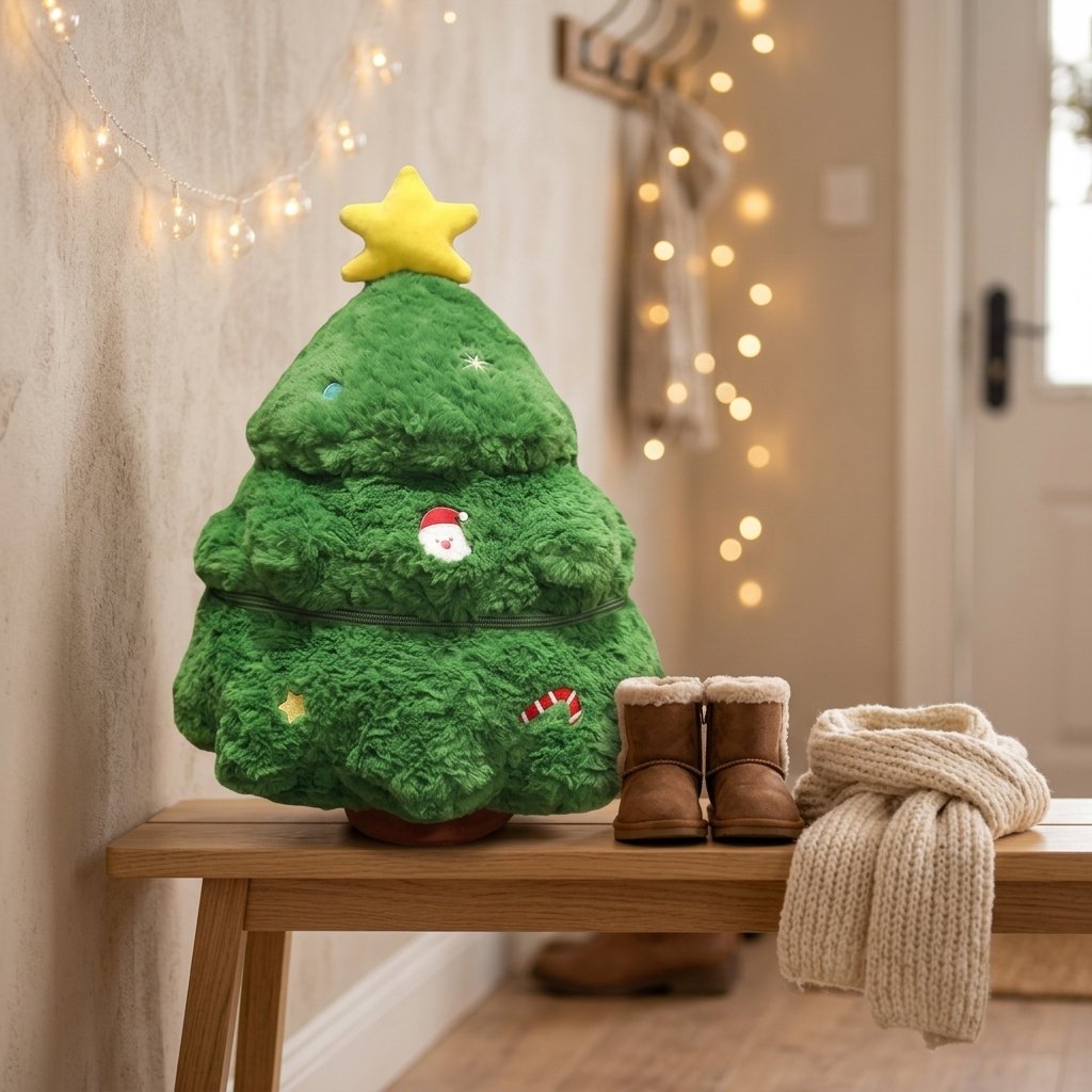 Peluche sapin sur un banc d'entrée à côté de bottes d'enfant