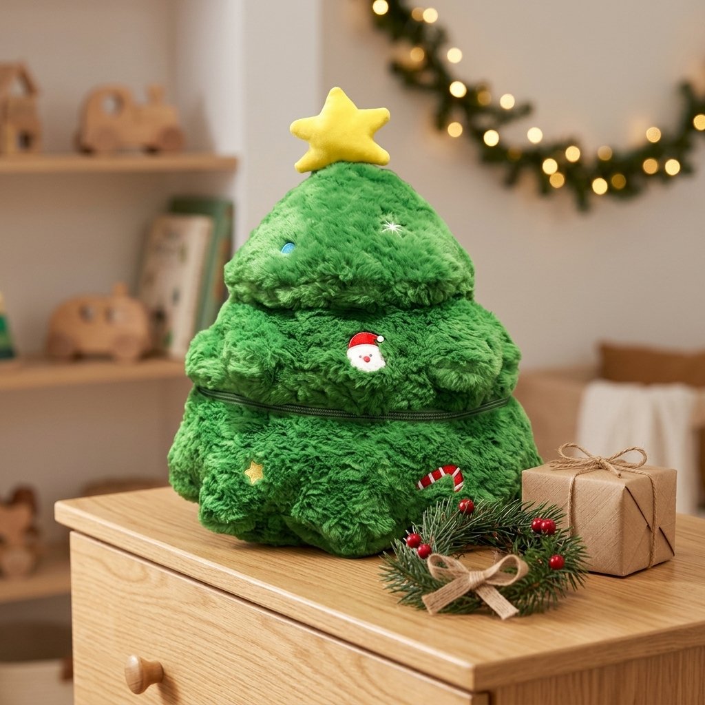 Peluche sapin sur une commode avec des paquets cadeaux