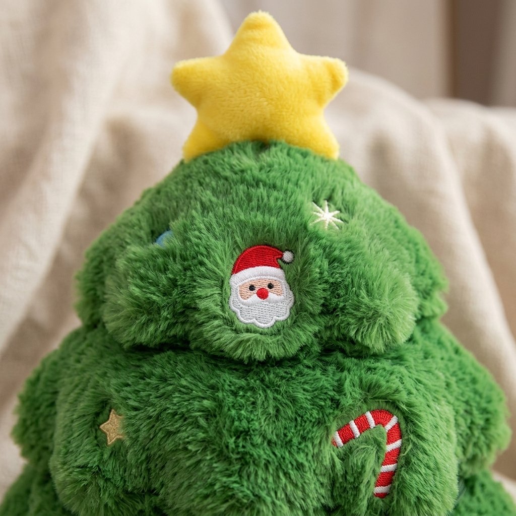 Détail de l'étoile et des broderies de la peluche sapin