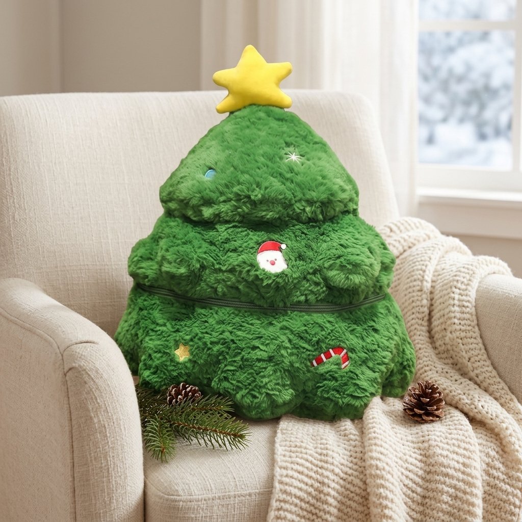 Peluche sapin dans un fauteuil avec un plaid
