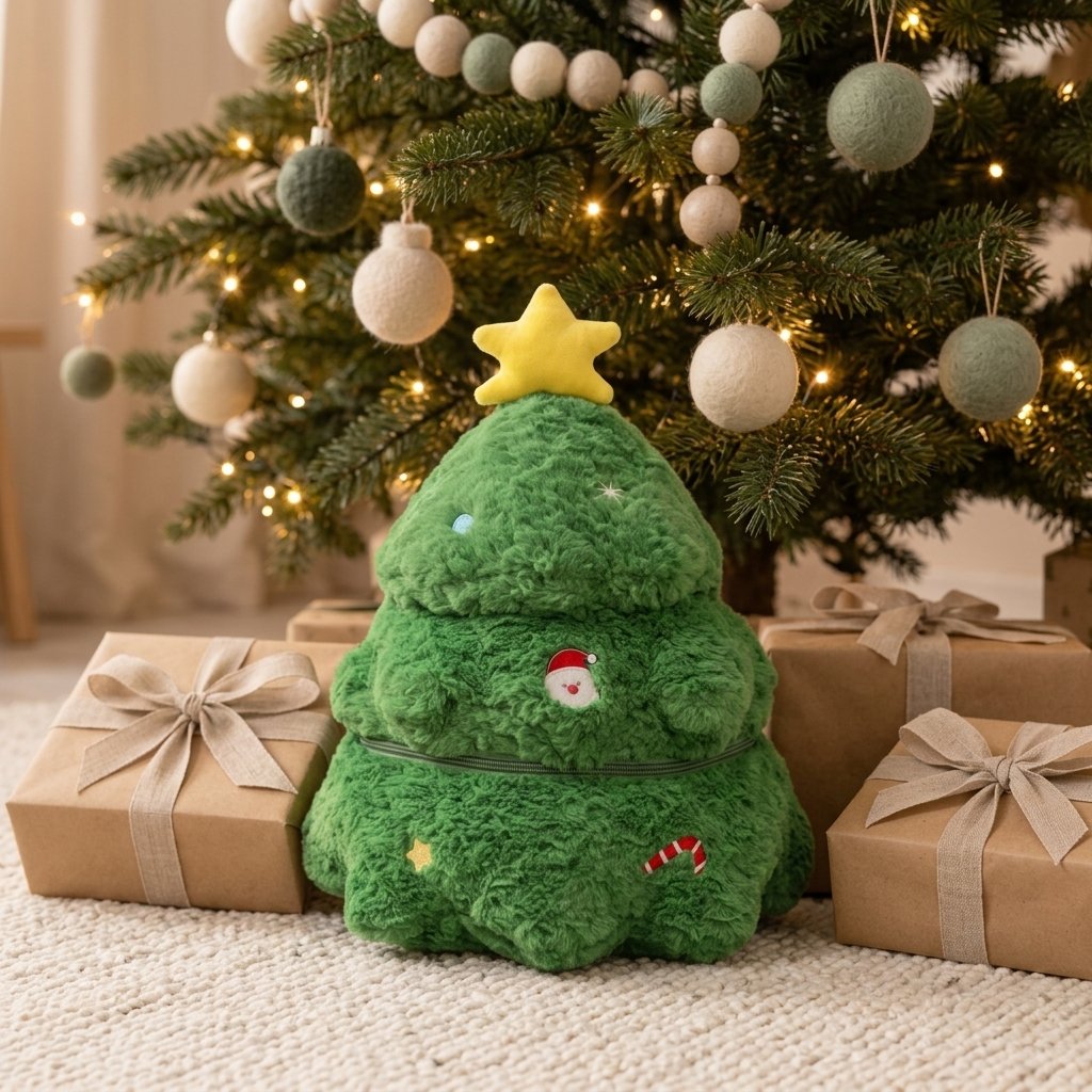 Peluche sapin posée devant un vrai sapin de Noël