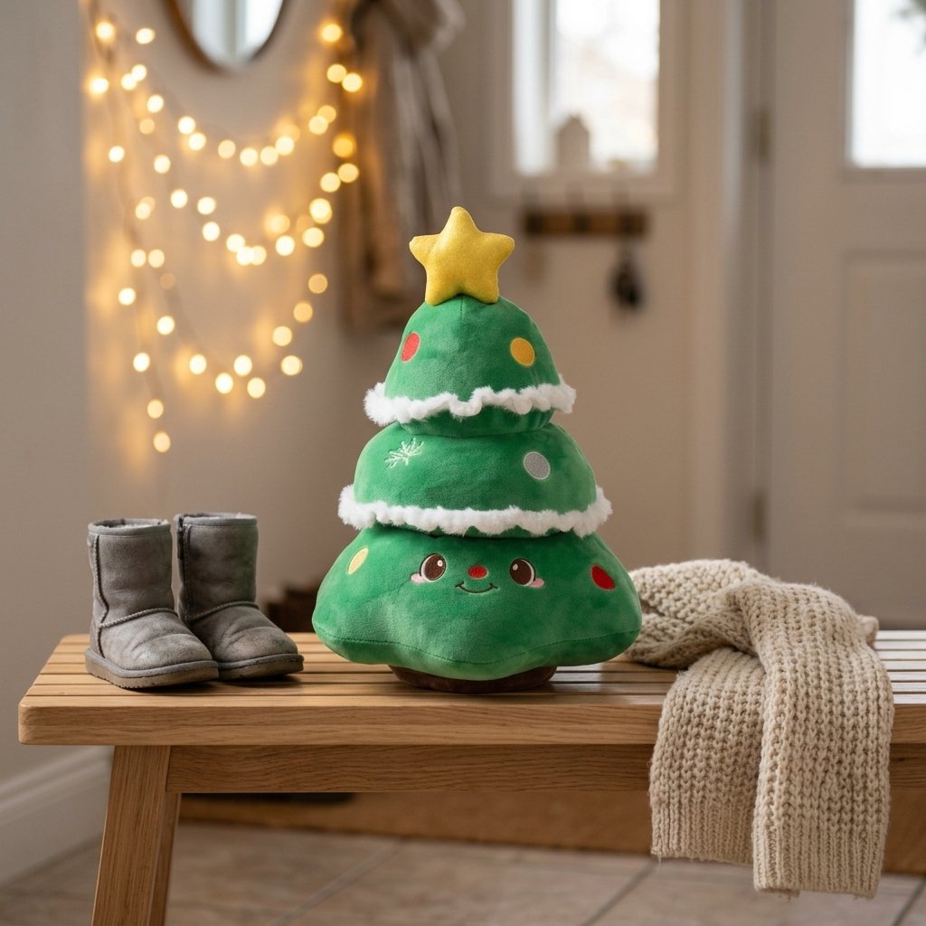 Peluche sapin souriant sur un banc à côté de bottes d'hiver Image