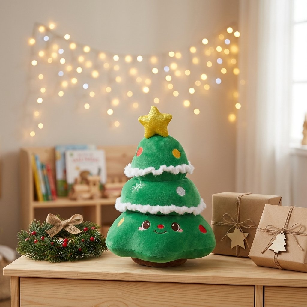 Peluche sapin souriant sur une commode avec une guirlande lumineuse