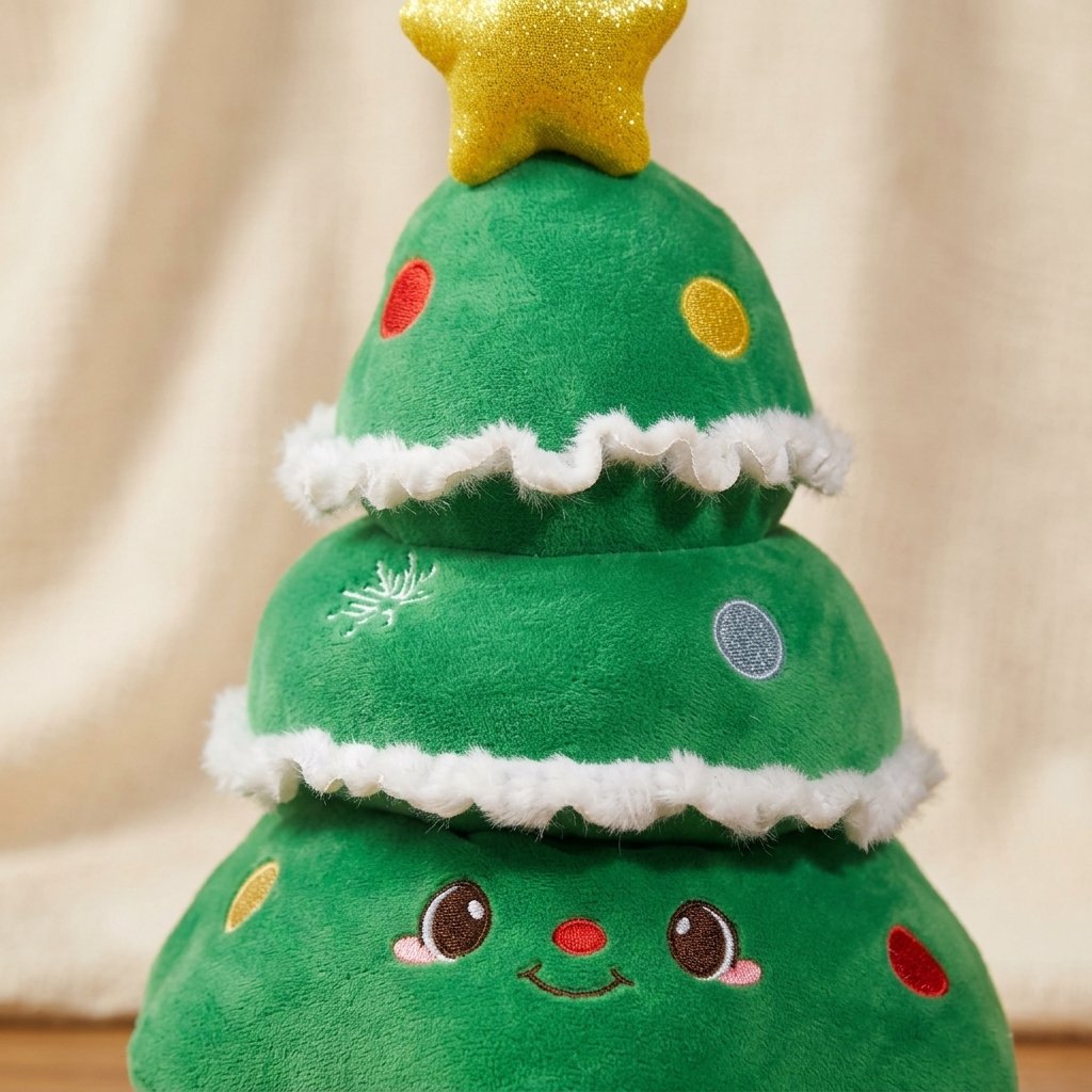 Détail du visage brodé et des guirlandes du sapin en peluche