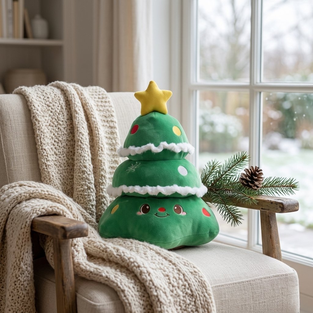 Peluche sapin souriant dans un fauteuil près d'une fenêtre