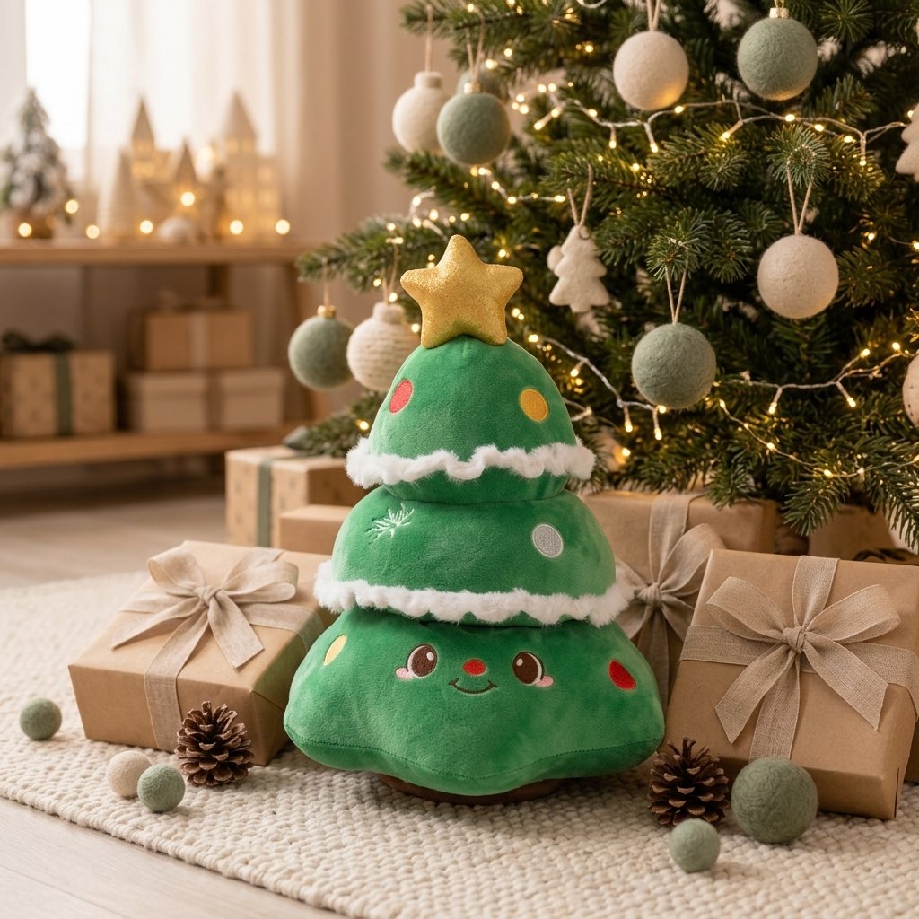 Peluche sapin souriant sous un sapin de Noël décoré