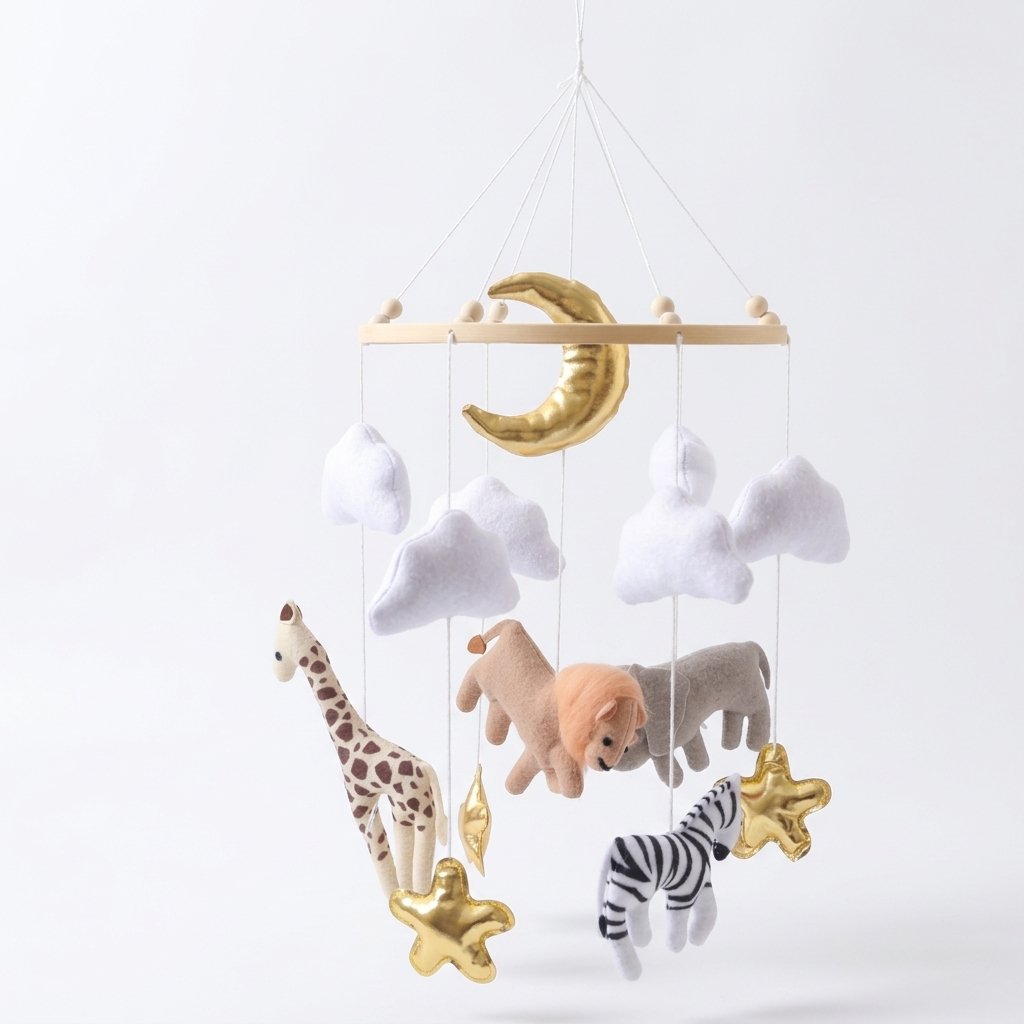 Mobile bébé en feutrine animaux de la savane sur cercle en bois