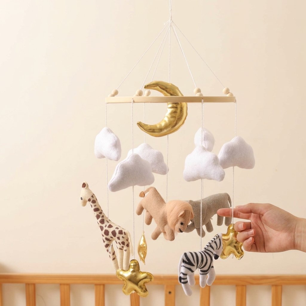 Main effleurant l'éléphant en feutrine du mobile