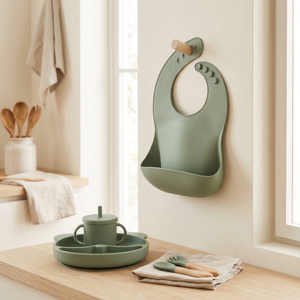 Bavoir en silicone vert sauge à poche récupératrice Image