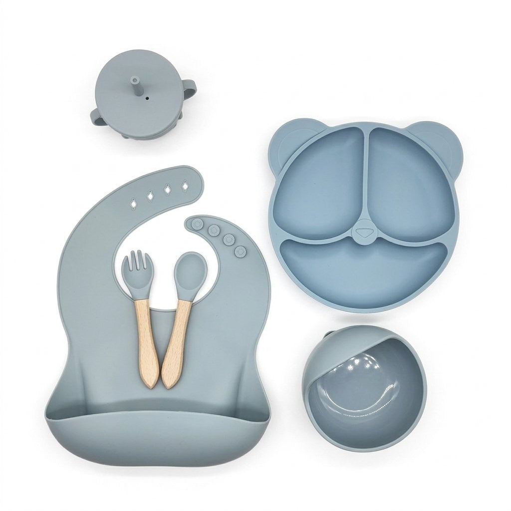 Coffret repas bébé en silicone bleu gris, six pièces