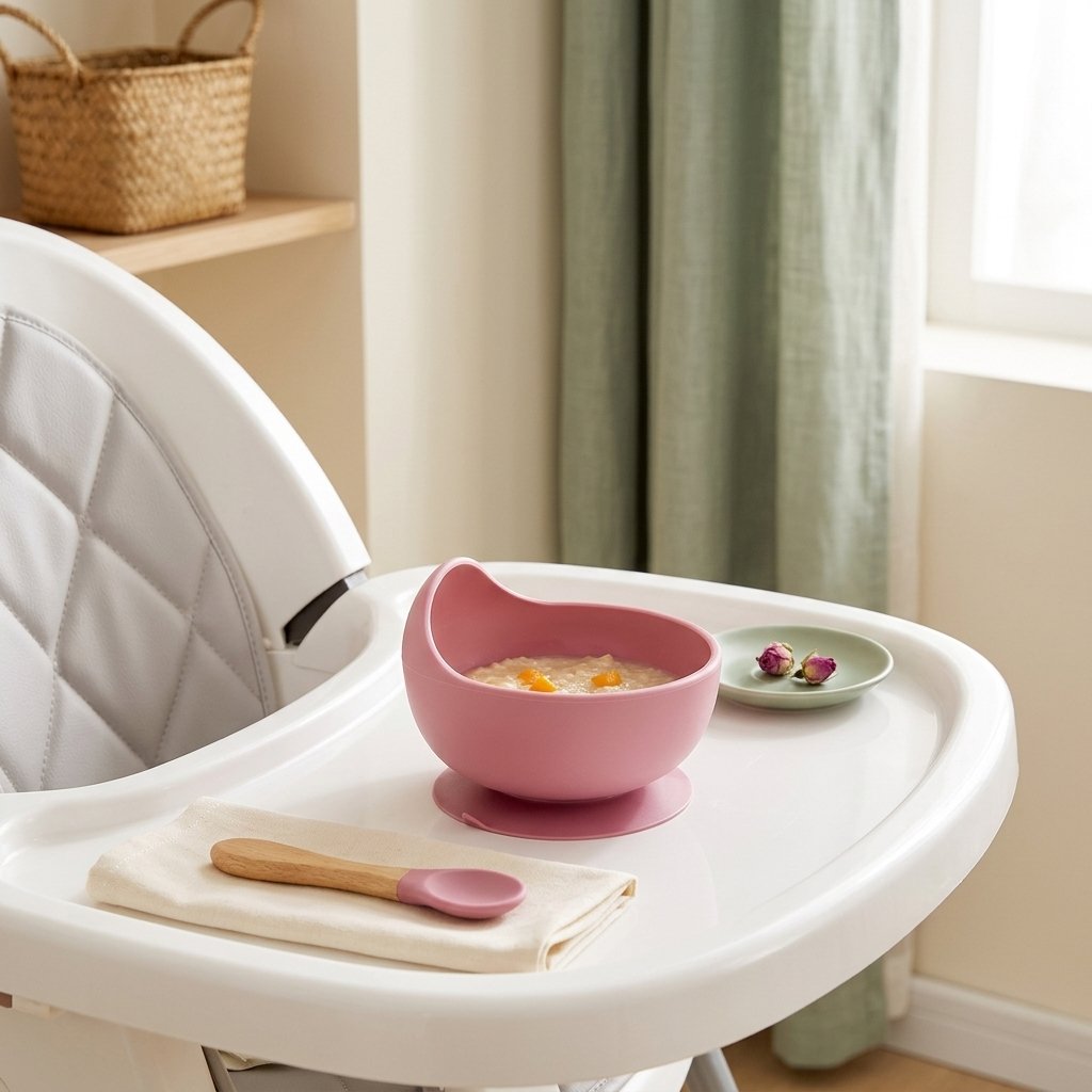Bol ventouse en silicone sur la tablette d'une chaise haute