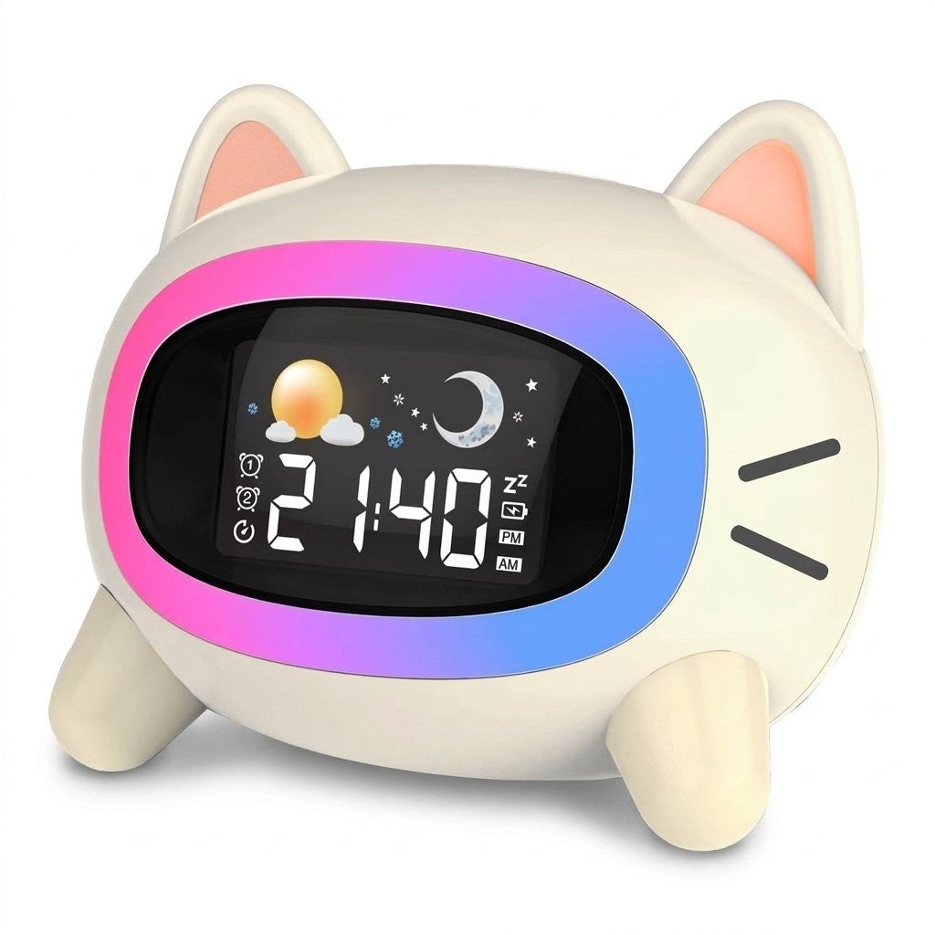 Réveil enfant jour-nuit chat crème