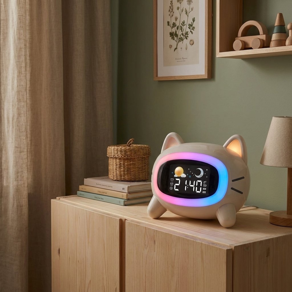 Réveil jour-nuit chat sur une commode de chambre d'enfant Image
