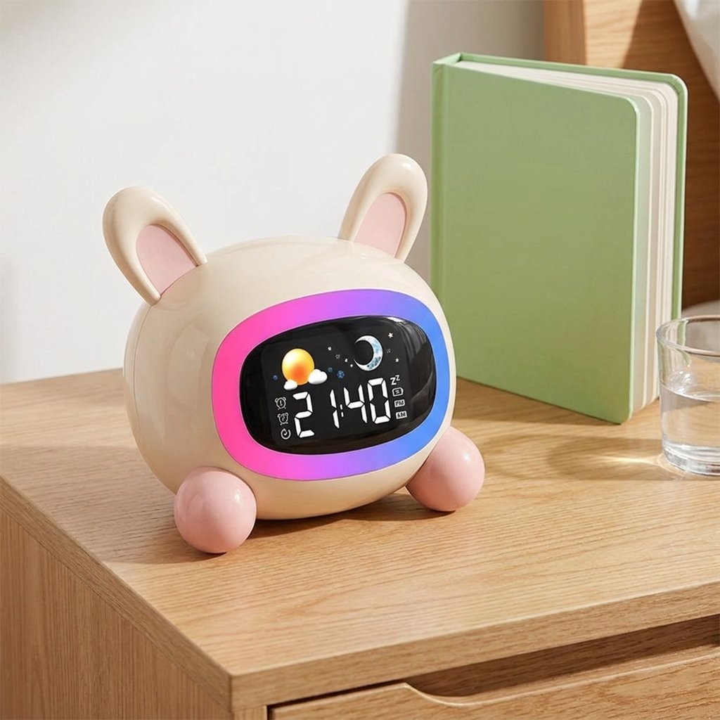 Réveil jour-nuit lapin à côté d'un livre d'enfant pour donner la taille